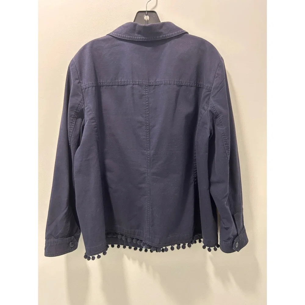Talbots Navy Blue 100% Cotton Pom Pom Trim Utility Field Jacket Womens XL LK4907
